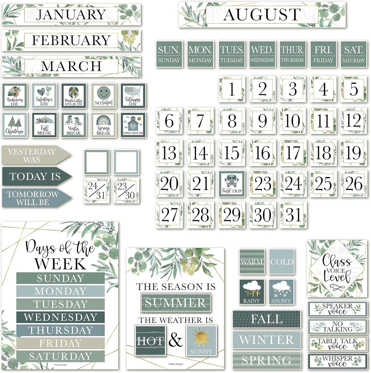 Classroom Calendar Set Bulletin Board Decorations – Greenery Themed Educational Wall Decor, Preschool & Elementary School Calendar Kit with Weather Chart, Days of the Week Poster, 98-Piece Teacher Must-Have for Classroom, Homeschool & Daycare